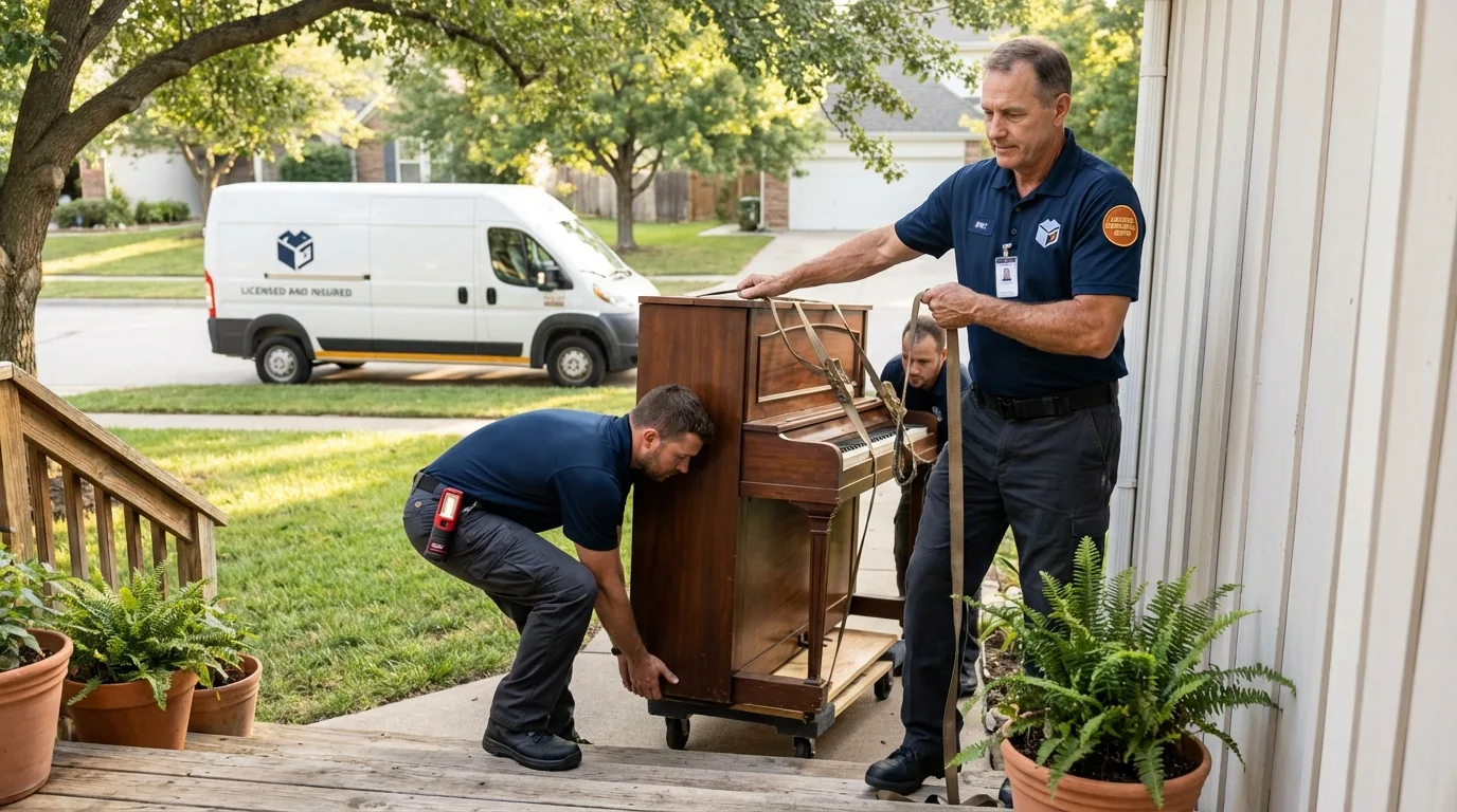 Licensed piano movers securing grand piano in Lima, OH