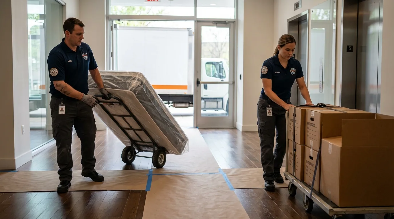 Professional apartment movers loading elevator in Lima, OH